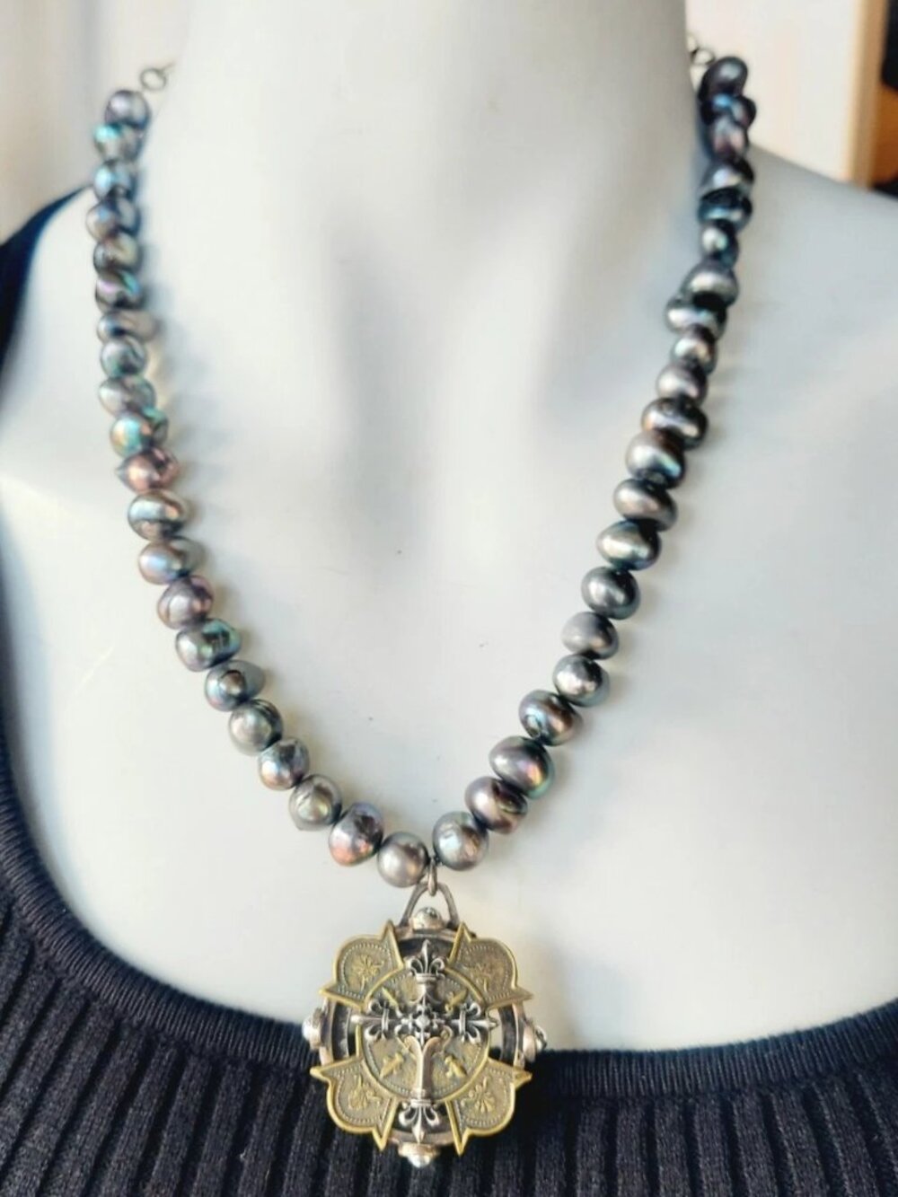 French Kande Baroque Pearl Maltese Cross Stack Toggle Necklace